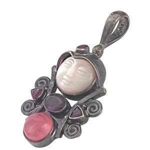 Sajen Silver Pendant Mother of Pearl Moon Face Garnet Ruby Peach Quartz Gemstone